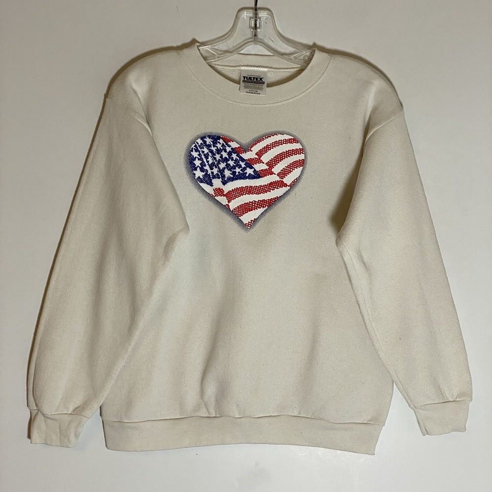 Vtg Tultex Sweatshirt Womens Large Cream USA Flag Heart Crewneck Granny Cottage